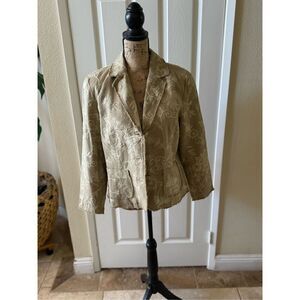 Oleg Cassini Women's Embroidered Floral Tapestry Blazer Jacket Tan Size 12P
